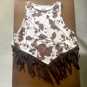 Cow print long crop with fringe